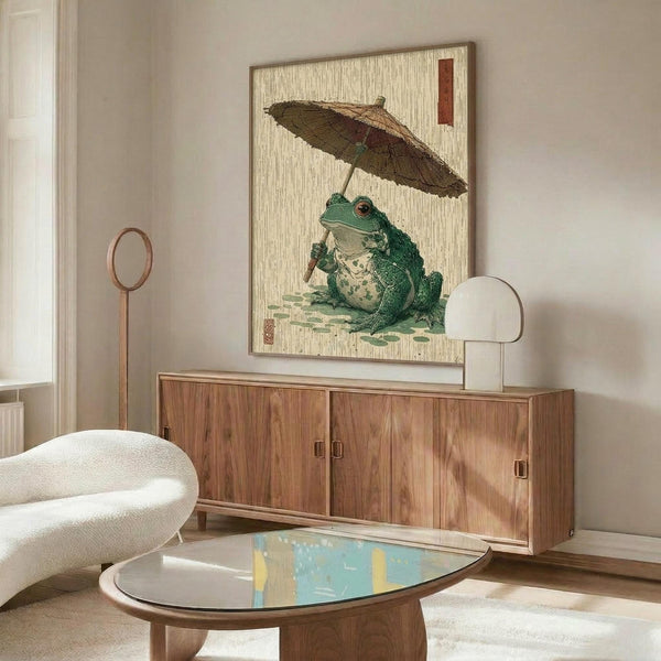 May include: Japanese woodblock style artwork featuring a green frog holding a traditional paper umbrella in the rain, displayed in a wooden frame above a mid-century modern walnut credenza. The print shows fine line details and muted earth tones against a textured cream background. Room has minimalist decor with a white curved chair, brass floor lamp, oval glass coffee table, and soft natural lighting.