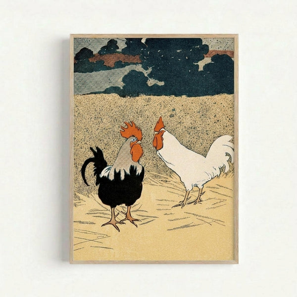 Vintage-style illustration of two roosters in a farmyard setting. A black rooster with bright red comb and wattles stands prominently in the foreground, while a white hen pecks nearby. The scene features a textured beige ground with scratched dirt patterns, rolling hills in the background, and a dramatic sky filled with dark storm clouds tinged with orange and rust colors. The artwork uses muted earth tones and has a woodcut or lithograph aesthetic. Displayed in a simple light wood frame against