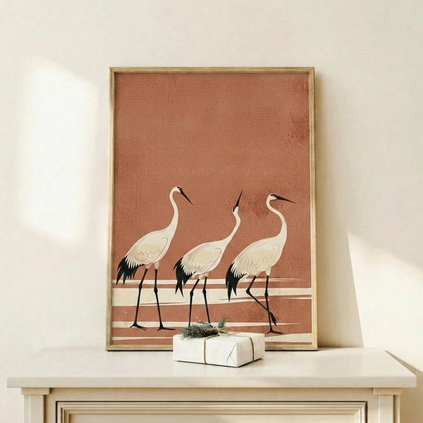 May include: Framed poster print featuring three white cranes with black wing tips and long necks against a warm terracotta orange background with horizontal cream stripes. The birds stand in elegant poses on thin black legs. Print displayed in light wood frame on white shelf next to small wrapped gift with twine and greenery sprig. Minimalist home decor setting with cream colored wall.