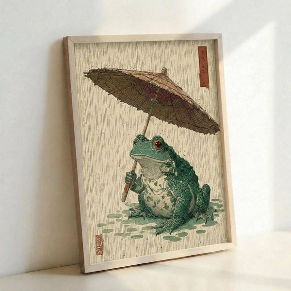 May include: Framed print leaning against white wall showing Japanese woodblock style artwork of a green frog holding a brown paper umbrella in the rain. The frog sits on wet ground with rain lines filling the cream-colored background. Red Japanese text appears in upper right corner with artist's seal in lower left. Light wood frame surrounds the vintage-inspired illustration.