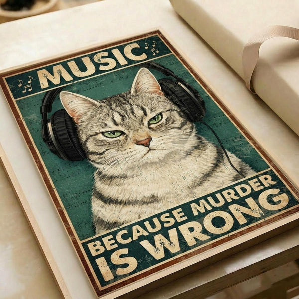 May include: Vintage-style poster print featuring a tabby cat wearing black headphones on a teal green background with musical notes. Text reads "MUSIC" at top and "BECAUSE MURDER IS WRONG" at bottom in distressed cream lettering. Print shown on white paper with rolled paper tubes nearby on light wooden surface.