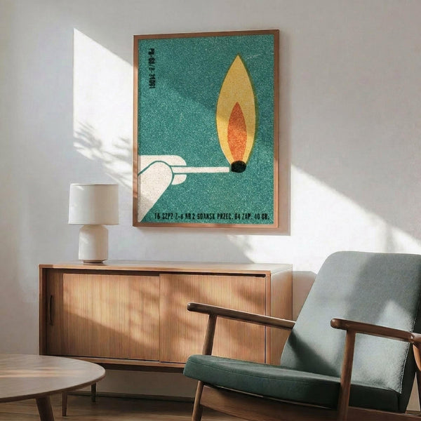 May include: Vintage poster with turquoise background featuring stylized white matchstick and orange flame, displayed in wooden frame above mid-century modern walnut credenza. Green upholstered armchair with wooden arms sits beside small round table with ceramic lamp. Bright natural light creates geometric shadows on white wall in minimalist living room setting.