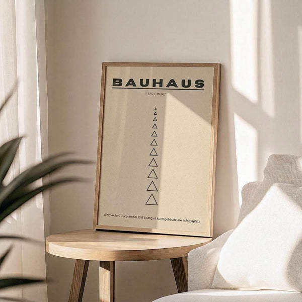May include: Minimalist Bauhaus poster with cream background and black geometric triangles in vertical arrangement, displayed in thin wooden frame on round wooden side table next to beige upholstered chair. Soft natural lighting creates shadows across white walls, with green plant leaves visible in corner of modern neutral-toned room setting.