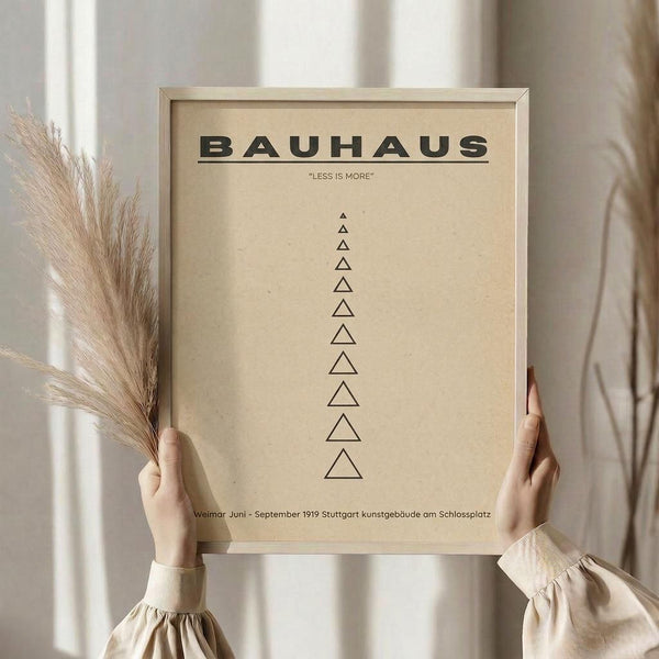 May include: Person in cream sweater holding framed minimalist poster with beige background, featuring bold BAUHAUS text, "LESS IS MORE" quote, and vertical row of geometric triangles. Natural light streams through window behind figure holding dried pampas grass. Light wood frame complements neutral tones.