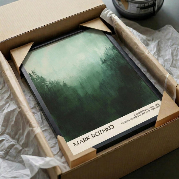 May include: Framed art print featuring misty forest landscape in green tones being carefully unpacked from cardboard shipping box with protective tissue paper. The atmospheric artwork shows silhouetted trees emerging from fog, creating an ethereal woodland scene. Print appears museum-quality with clean white matting and black frame, positioned on white fabric surface next to wooden packing materials.