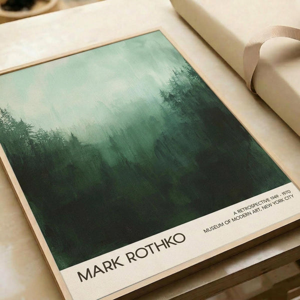 May include: Green and white abstract forest landscape poster with misty trees and fog, displayed on cream colored surface next to beige ribbon. The minimalist artwork features soft gradients from pale mint green at top to deep forest green at bottom, with silhouetted evergreen trees emerging through atmospheric haze.