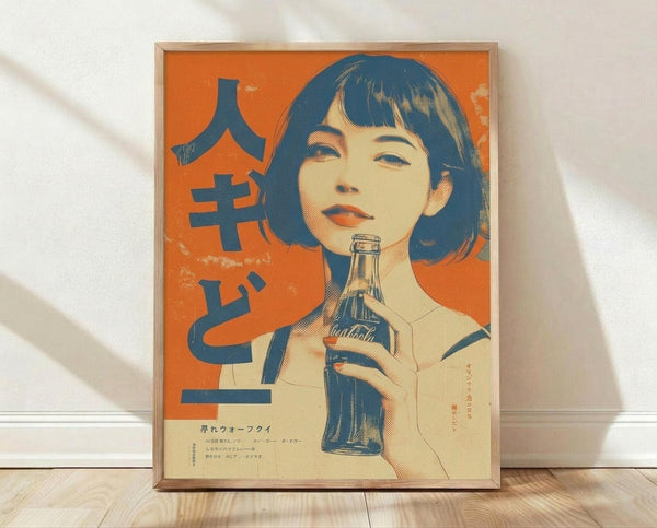 May include: Framed vintage-style poster with orange and cream color scheme featuring a woman with dark bob haircut holding a glass Coca-Cola bottle, Japanese text characters on left side, displayed against white wall on light wooden floor with natural lighting creating soft shadows