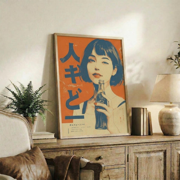 May include: Framed vintage-style Japanese poster featuring a woman with blue bob haircut holding a glass bottle, rendered in orange and blue tones with Japanese text, displayed on rustic wooden sideboard alongside fern plant, ceramic vases, and books in cozy living room setting with beige armchair