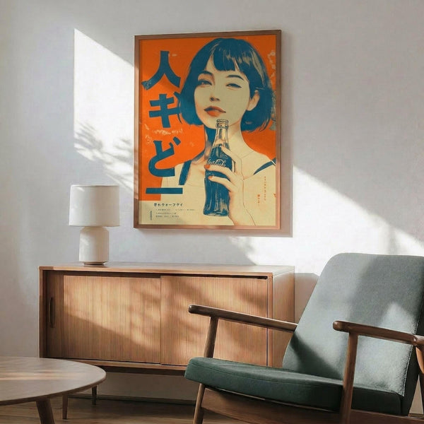 May include: A framed vintage Japanese Coca-Cola advertisement poster featuring a woman with dark bob haircut holding a Coke bottle against an orange background with blue Japanese text. The poster hangs above a mid-century modern wooden credenza with a white table lamp, next to a teal upholstered armchair with wooden arms in a sunlit room with white walls.