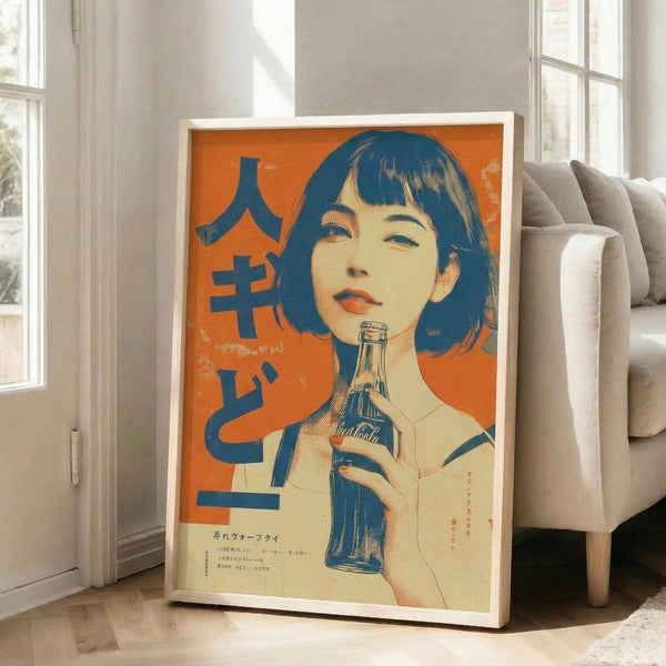 May include: Framed vintage-style poster featuring a woman with blue bob haircut holding a glass bottle against orange background, with blue Japanese text on left side. White frame leans against white wall next to beige upholstered chair in bright room with tall windows and hardwood floors.
