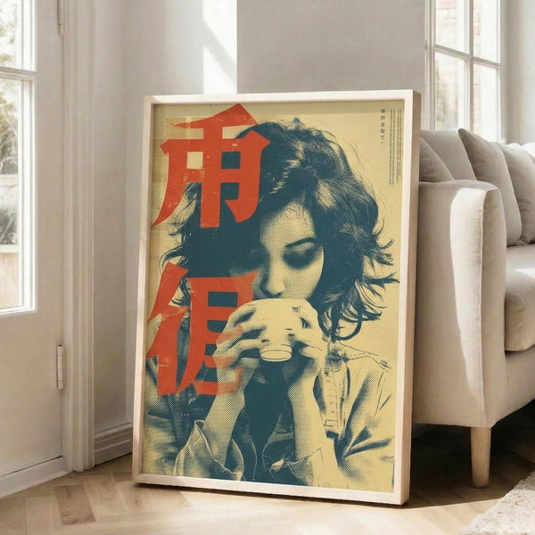 May include: Framed poster print leaning against white wall next to beige sofa in bright living room with hardwood floors. Print features woman with wavy dark hair drinking from cup in retro Japanese pop art style with bold red characters, rendered in cream, teal blue, and orange colors with halftone dot texture. White wooden frame, approximately 2-3 feet tall.