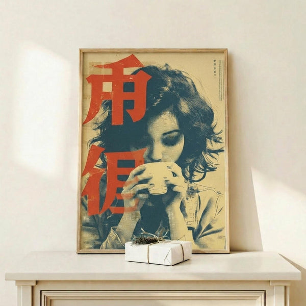 May include: Framed vintage-style poster featuring a woman with dark wavy hair drinking from a cup, rendered in cream, red, and teal blue with halftone dot texture and Japanese characters. Displayed on light wood console table with small wrapped gift box. Simple wooden frame against white wall in minimalist room setting.