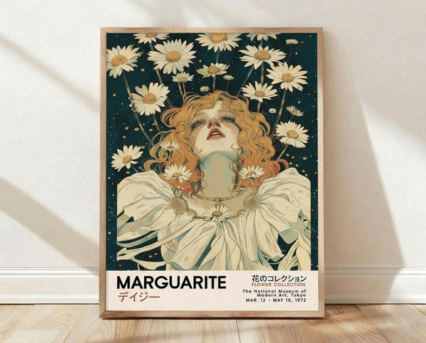 May include: Framed art nouveau style poster featuring a woman with curly auburn hair surrounded by white daisies against a dark teal starry background. She wears flowing white fabric and gazes upward. Text reads "MARGUARITE" with Japanese characters and exhibition details from Tokyo 1972. Natural wood frame sits on light wooden floor against white textured wall with soft shadows.