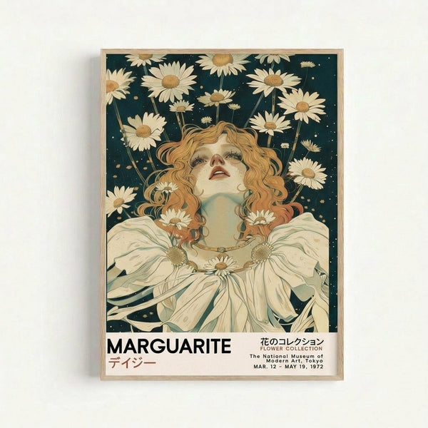 Framed vintage-style poster featuring a woman with curly auburn hair looking upward, surrounded by white daisies against a dark teal starry background. She wears a flowing white dress with daisy jewelry. Text reads "MARGUARITE" in bold letters with Japanese characters and museum exhibition details below. The poster has a warm, Art Nouveau-inspired aesthetic with cream and golden tones, displayed in a simple wooden frame against a white wall.