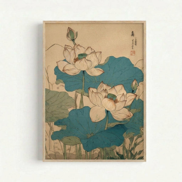 Japanese woodblock print featuring lotus flowers with pale pink petals and blue-green leaves against a cream background. Two blooming lotus flowers are prominently displayed with one bud, surrounded by large detailed leaves showing intricate vein patterns. Traditional calligraphy and red seal visible in upper right corner. Artwork displayed in light wood frame against white wall, showing classic botanical illustration style with muted earth tones and delicate linework characteristic of early 20t