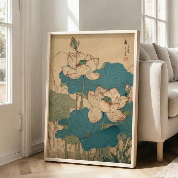 May include: A framed vintage Japanese botanical print featuring white lotus flowers with teal blue-green leaves against a cream background. The artwork shows delicate line work in traditional Asian style with Japanese characters and a red seal in the upper right. The print is displayed in a light wooden frame leaning against a white wall next to a beige upholstered chair in a bright, minimalist living room with white walls and wooden flooring.