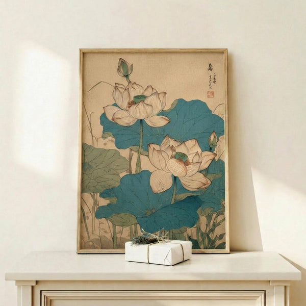 May include: Japanese botanical art print in light wooden frame showing white lotus flowers with large teal-blue leaves against cream background. Print displayed on pale wooden console table with small white wrapped gift box. Traditional Asian calligraphy visible in upper right corner. Minimalist home decor setting with white walls and soft natural lighting.