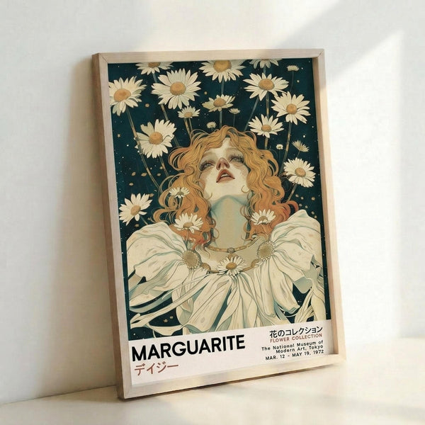 May include: A framed vintage-style art print leaning against a white wall. The artwork features a woman with flowing auburn hair surrounded by white daisies against a dark teal starry background. She wears a flowing white dress and gazes upward with closed eyes. The poster has Japanese text reading "MARGUARITE" and exhibition details at the bottom. The print is displayed in a thin light wood frame on what appears to be a white surface.