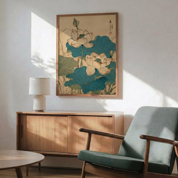 May include: Vintage Japanese botanical artwork showing lotus flowers with cream petals and large teal-blue leaves, displayed in wooden frame above mid-century modern credenza. Sage green upholstered chair with wood arms and round coffee table visible in foreground. Warm sunlight creates shadows on white wall, with ceramic table lamp on sideboard.