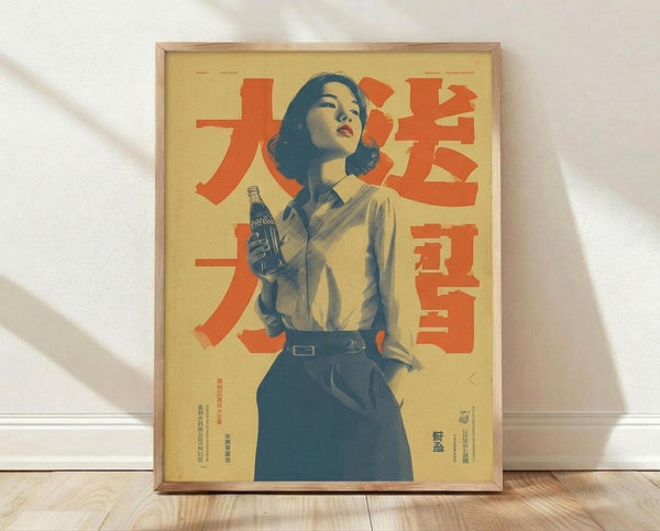 May include: Framed vintage-style poster featuring an Asian woman in white blouse and dark skirt holding a Coca-Cola bottle, with large red Japanese characters on yellow background. Wood frame sits on light wooden floor against white wall with natural shadow lighting.