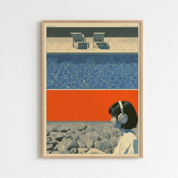 May include: Framed vintage-style poster print hanging on white wall in light wood frame. Artwork features horizontal color bands - green hedge with two poolside chairs, blue swimming pool water with light reflections, bright orange stripe, and bottom section showing person with dark bob haircut wearing white headphones among grey rocks.