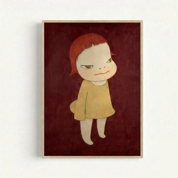 A stylized portrait painting of a pale child-like figure with short reddish-orange hair and green eyes, wearing a yellow dress or top. The figure has a subtle, enigmatic expression and stands against a deep burgundy red background. The artwork is displayed in a light wooden frame and has a contemporary, minimalist aesthetic with soft, muted colors and smooth brushwork.