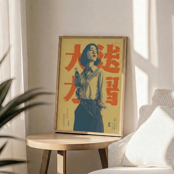 May include: Framed vintage-style poster with yellow background featuring woman in blue tones holding Coca-Cola bottle, red Japanese text overlay, displayed on round wooden side table next to beige upholstered chair with white pillow, plant leaves visible in corner, natural lighting creating soft shadows on white wall