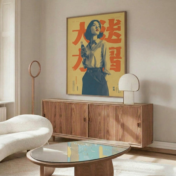 May include: Vintage Japanese Coca-Cola poster with woman in blue tones holding bottle against yellow background with red text, displayed in thin gold frame above mid-century walnut credenza in modern living room with white curved chair, round glass coffee table, and minimalist lighting