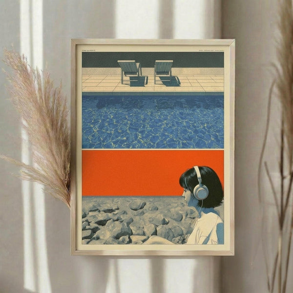 May include: Framed artwork displayed on white wall next to dried pampas grass. The poster features three horizontal panels - top shows two poolside chairs by blue swimming water, middle has bright orange background, bottom depicts person with dark bob haircut wearing headphones against rocky landscape. Light wood frame, soft natural lighting.