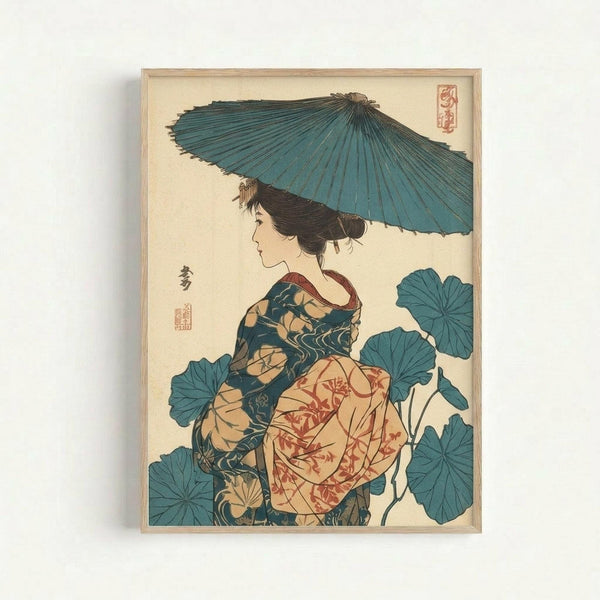 Japanese woodblock print featuring a woman in profile wearing a colorful kimono with floral patterns in teal, cream, and coral. She holds a large teal paper umbrella above her head while surrounded by green lotus leaves. The artwork displays traditional ukiyo-e style with muted background and red artist seals. Framed in light wood against white wall.