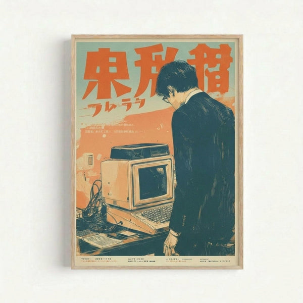 Framed vintage-style poster featuring a person in dark clothing standing beside a retro computer setup with monitor and keyboard. The artwork uses a limited color palette of orange, teal, and cream with Japanese text at the top. The illustration has a nostalgic 1980s aesthetic with visible texture and weathered appearance, displayed in a light wood frame against a white wall.
