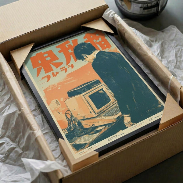 May include: Framed retro-style poster with orange and teal color scheme showing figure at vintage computer workstation, carefully packed in cardboard shipping box with protective wrapping materials and wooden frame corners visible