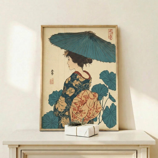 May include: Japanese woodblock print style artwork in wooden frame showing woman in profile wearing colorful floral kimono, holding teal blue parasol, surrounded by large lotus leaves. Print has cream background with red seal marks. Small white wrapped gift sits on light wood shelf below framed art against white wall.
