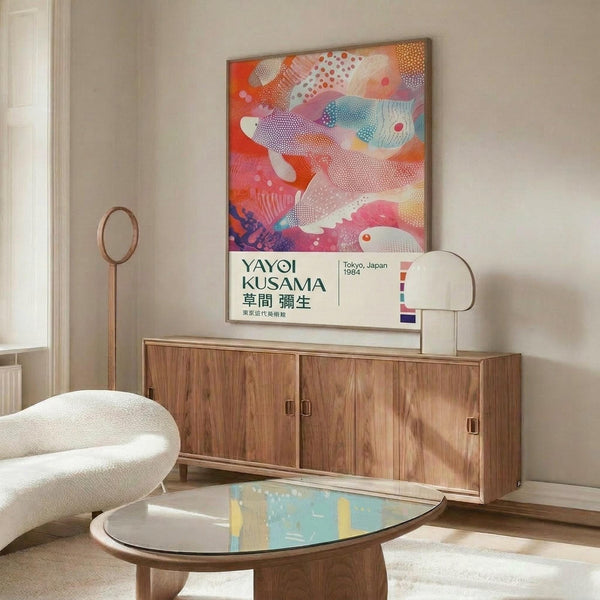 May include: Colorful abstract art poster with flowing organic shapes in pink, orange, blue and white featuring dotted patterns, displayed above a mid-century modern walnut credenza in a minimalist living room with cream walls, white upholstered chair, brass floor lamp, and glass-top coffee table