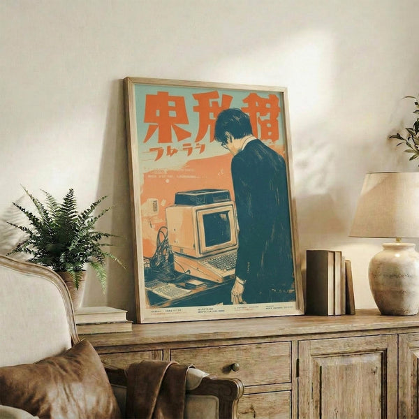 May include: Vintage-style poster with Japanese text and retro computer illustration displayed in wooden frame on rustic credenza beside potted fern, books, and ceramic vase in cozy living room with beige armchair and warm lighting