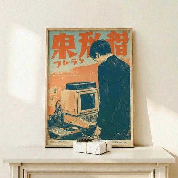 May include: Framed vintage-style poster featuring Japanese text and illustration of person at retro computer workstation in orange, teal and navy blue color scheme, displayed on light wood surface alongside small wrapped gift box with twine and dried botanical accent against white wall