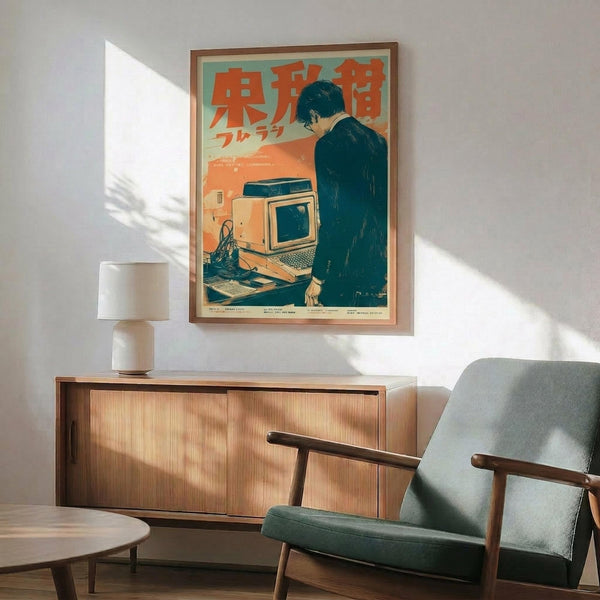 May include: Framed vintage-style poster with Japanese text and illustration of person using retro computer, displayed above wooden sideboard with white table lamp. Mid-century modern living room setting with sage green upholstered chair, round coffee table, and natural sunlight creating shadows on white wall.