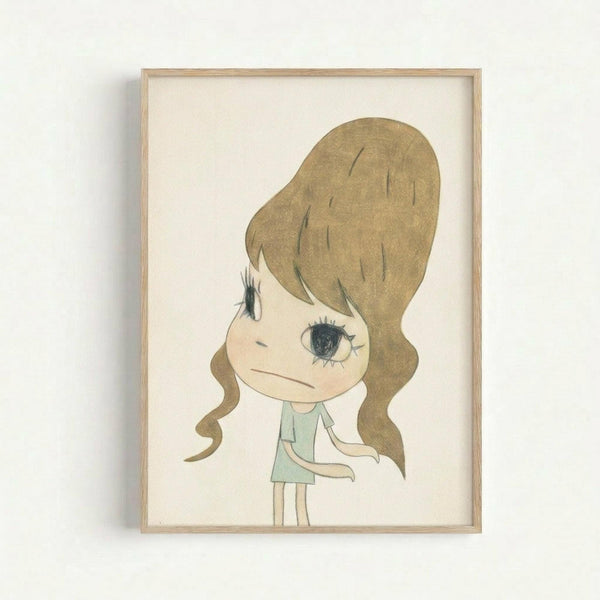 Framed art print featuring a stylized illustration of a young girl with an oversized brown beehive hairstyle covering most of her face, leaving only one large eye visible. She wears a mint green dress and has a whimsical, cartoon-like appearance. The artwork is displayed in a light wooden frame against a white background with soft, muted colors throughout the illustration.
