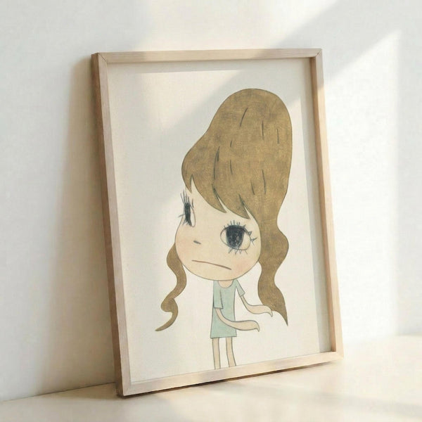 May include: Framed art print featuring a stylized illustration of a young girl with voluminous brown hair in a beehive style, large expressive eyes, and wearing a mint green dress with white cardigan. The minimalist artwork is displayed in a light wooden frame against a white wall, showing soft natural lighting and shadows.