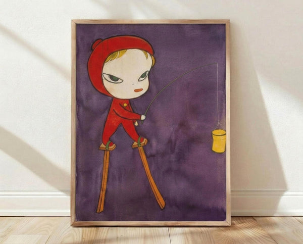 May include: Framed art print leaning against white wall on light wood floor. Features stylized character in red hooded outfit and cap standing on wooden stilts, holding fishing rod with yellow cylindrical object dangling from line. Purple watercolor background. Pale complexion, blonde hair, minimalist facial features. Light wood frame. Soft natural lighting creates gentle shadows on wall.