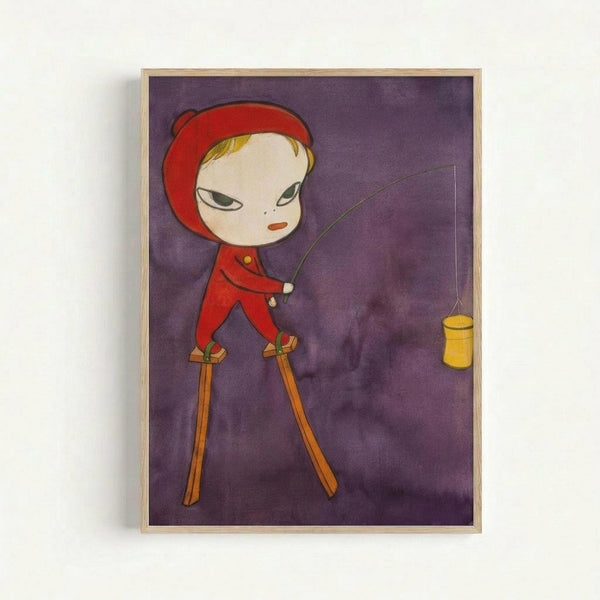 Framed art print showing a stylized cartoon character in red hooded outfit and hat, standing on wooden stilts against a purple background. The pale-faced figure holds a thin rod with a yellow lantern hanging from it. The artwork has a flat, illustrated style with bold colors and is displayed in a light wooden frame against a white wall.