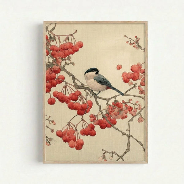 Japanese woodblock print style artwork showing a small songbird with black cap, white breast, and gray-blue wings perched on a branch heavy with clusters of bright red berries. The bird appears to be a chickadee or similar species, rendered in soft, naturalistic colors against a cream background. Additional berry-laden branches extend across the composition, with some berries appearing to fall. The delicate illustration is displayed in a simple light wood frame against a white wall.