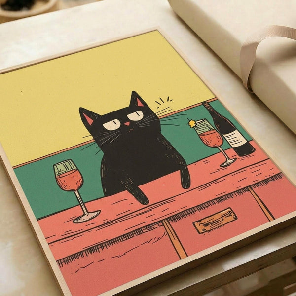 A vintage-style illustrated print featuring a black cat with half-closed eyes sitting on a coral-pink wooden bar counter. Two wine glasses with red wine sit nearby, along with wine bottles in the turquoise background. The scene has a retro color palette of yellow, coral, and teal with crosshatched shading details. The print is displayed flat on white paper with a cream ribbon visible in the corner.