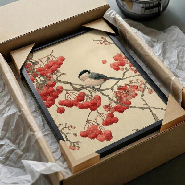 May include: Vintage Japanese bird print in black frame being unboxed from cardboard packaging with tissue paper. The artwork shows a small bird with dark head and light body perched on branches heavy with clusters of red berries. The illustration has cream background with delicate brushwork in traditional Asian style. Frame appears medium-sized compared to the shipping box and wooden handle visible in scene.