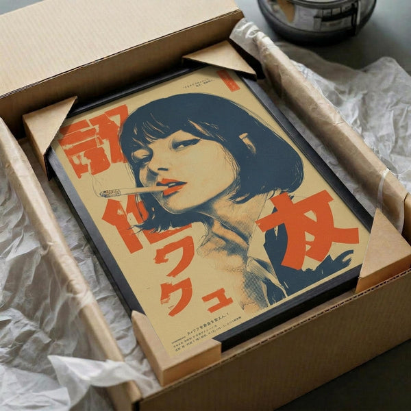 May include: Framed vintage-style poster featuring a woman with dark bob haircut and red lips smoking a cigarette, rendered in retro Japanese art style with blue, cream and orange colors, packed in cardboard shipping box with protective wrapping materials