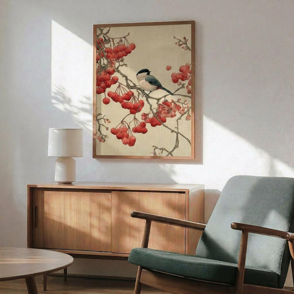 May include: Japanese-style artwork showing a small bird with black cap and wings perched on branches of red berries, displayed in thin wooden frame above mid-century modern credenza with table lamp, next to sage green upholstered armchair with wooden arms in sunlit room with white walls