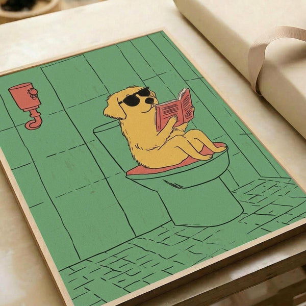 A humorous cartoon illustration of a golden retriever wearing sunglasses, sitting on a green toilet while reading a red book. The dog appears relaxed and content in a green-tiled bathroom setting with a toilet paper roll visible on the wall. The artwork uses a retro cartoon style with bold colors and clean line art, displayed as a flat print on white paper with a cream ribbon visible at the edge.