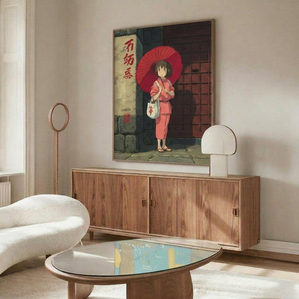 May include: Framed poster of anime character in pink kimono holding red umbrella, displayed above wooden credenza in modern living room with white curved chair, glass coffee table, and neutral decor