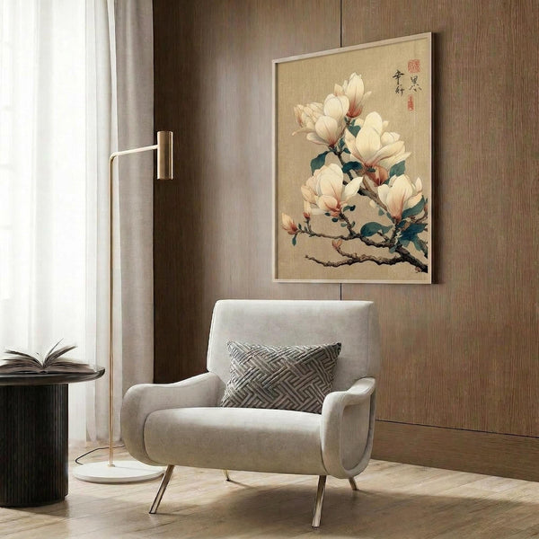 May include: Japanese-style botanical artwork featuring white magnolia blossoms with red centers on brown branches against a beige background, displayed in a light wood frame on a wood-paneled wall above a cream upholstered armchair with geometric pillow, beside a brass floor lamp and dark round side table with open book.
