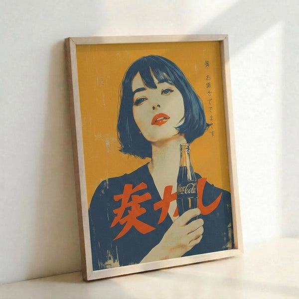 Framed vintage-style Japanese Coca-Cola advertisement poster featuring a woman with dark blue bob haircut and red lips holding a glass Coke bottle against a golden yellow background. Red Japanese characters appear on her dark blue clothing. The poster has a weathered, retro aesthetic with visible texture and aging effects. The artwork is displayed in a light wooden frame leaning against a white wall.